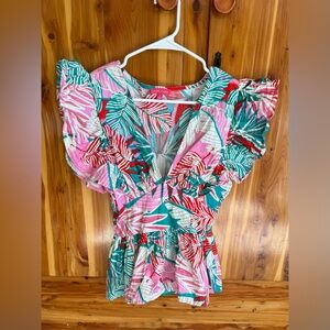 Flying Tomato Pink and Green Leaf Print Blouse